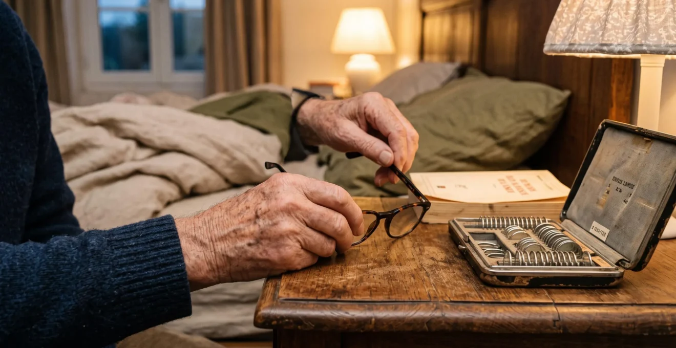 Les mains d'un homme âgé ajustent de nouvelles lunettes posées sur une table de chevet.