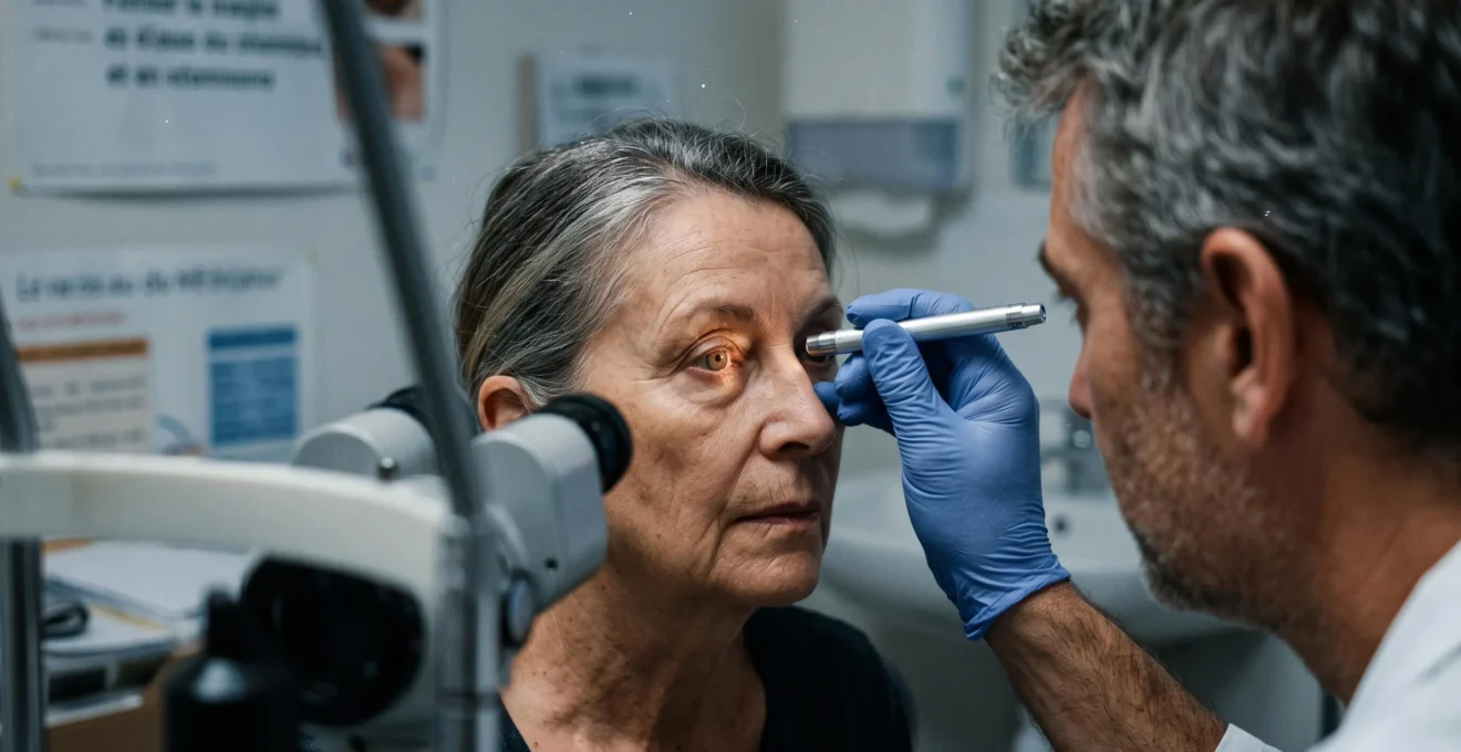 Un ophtalmologiste examine l'œil d'un patient à la lampe à fente dans un cabinet.